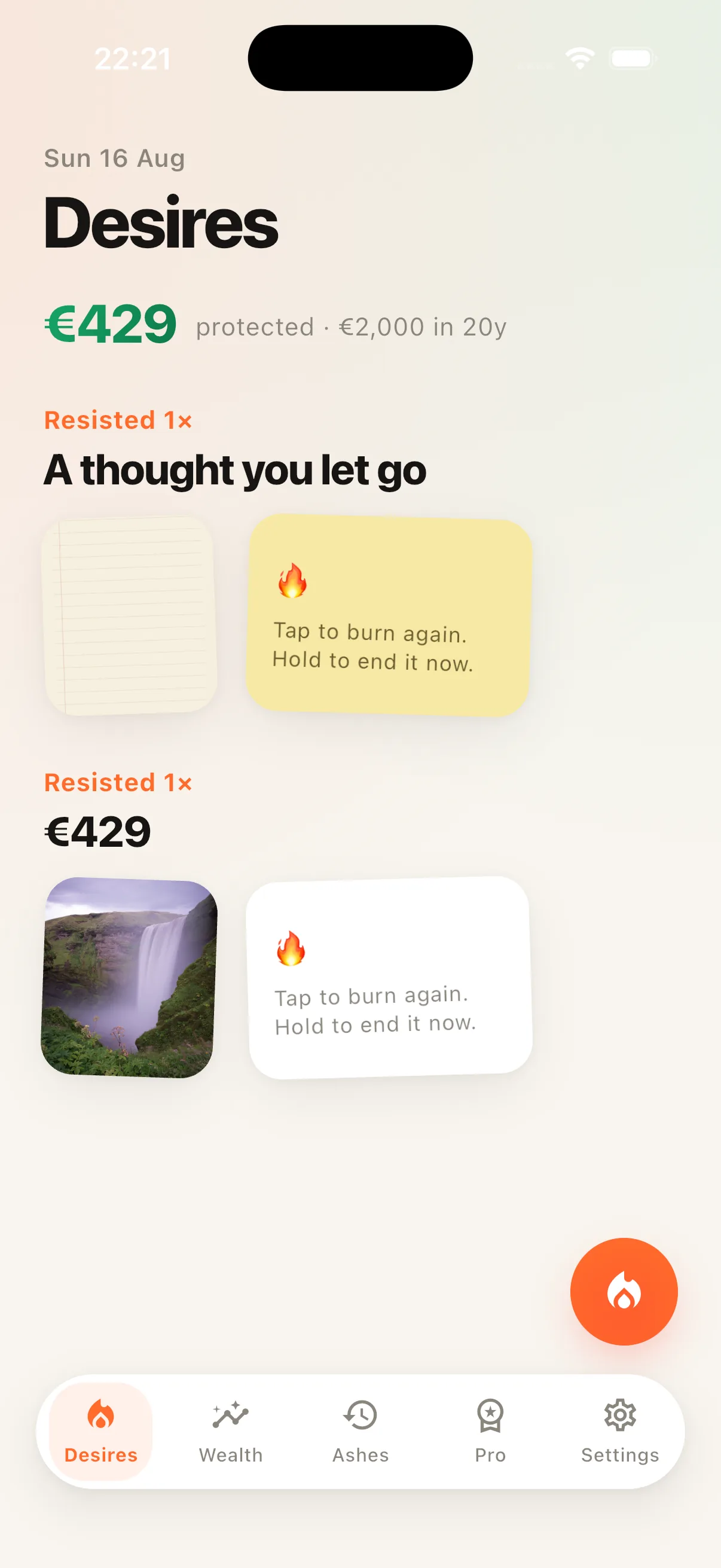 The home screen, listing desires and the wealth kept so far